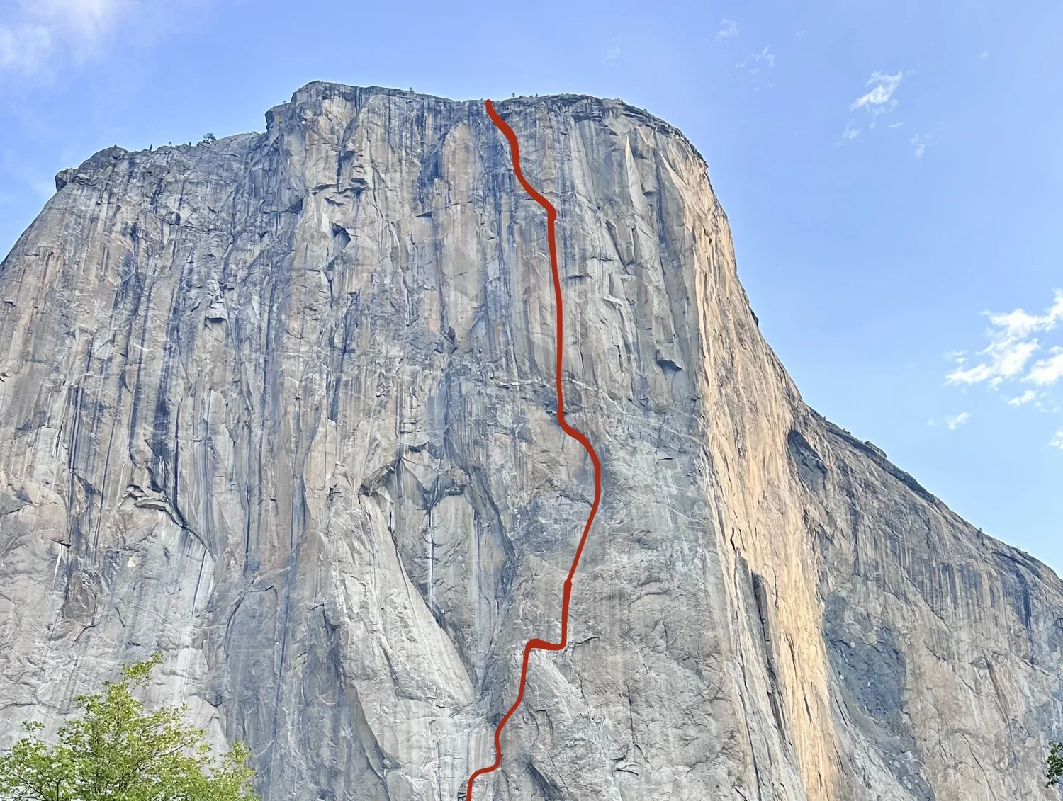 El Capitan with a climbing route drawn up the wall